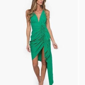 Sexy Green Linen Dress with Plunge Neckline